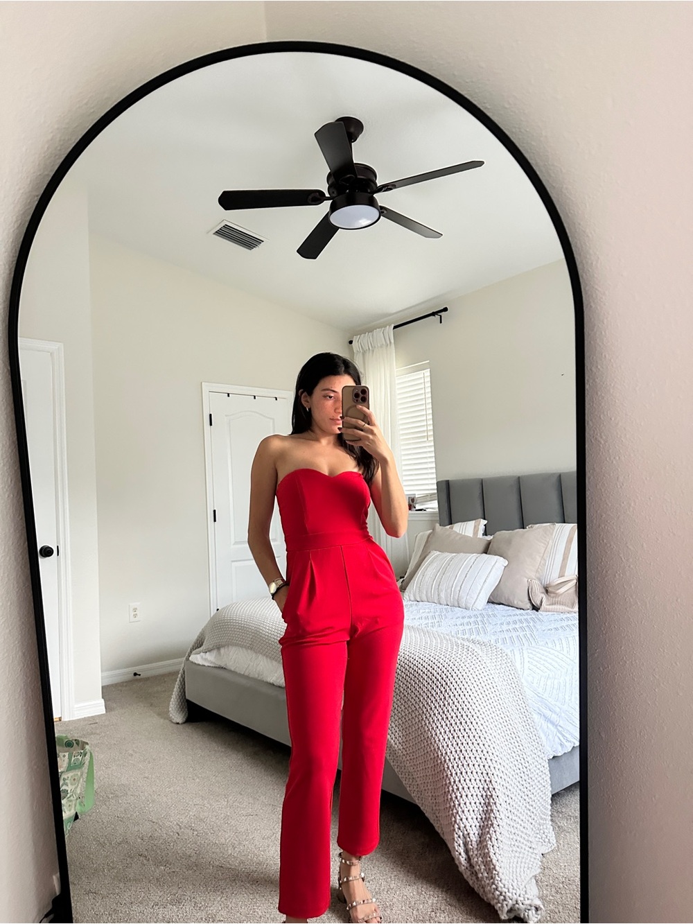 Express Strapless Red Tailored Jumpsuit - Picture 2 of 7